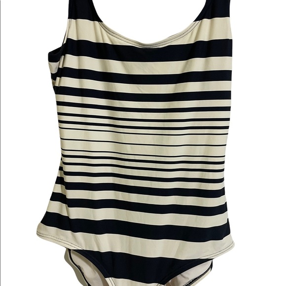 DKNY one piece swimsuit. Striped cream and blue colors. Size 12. Open back low. - Picture 2 of 6